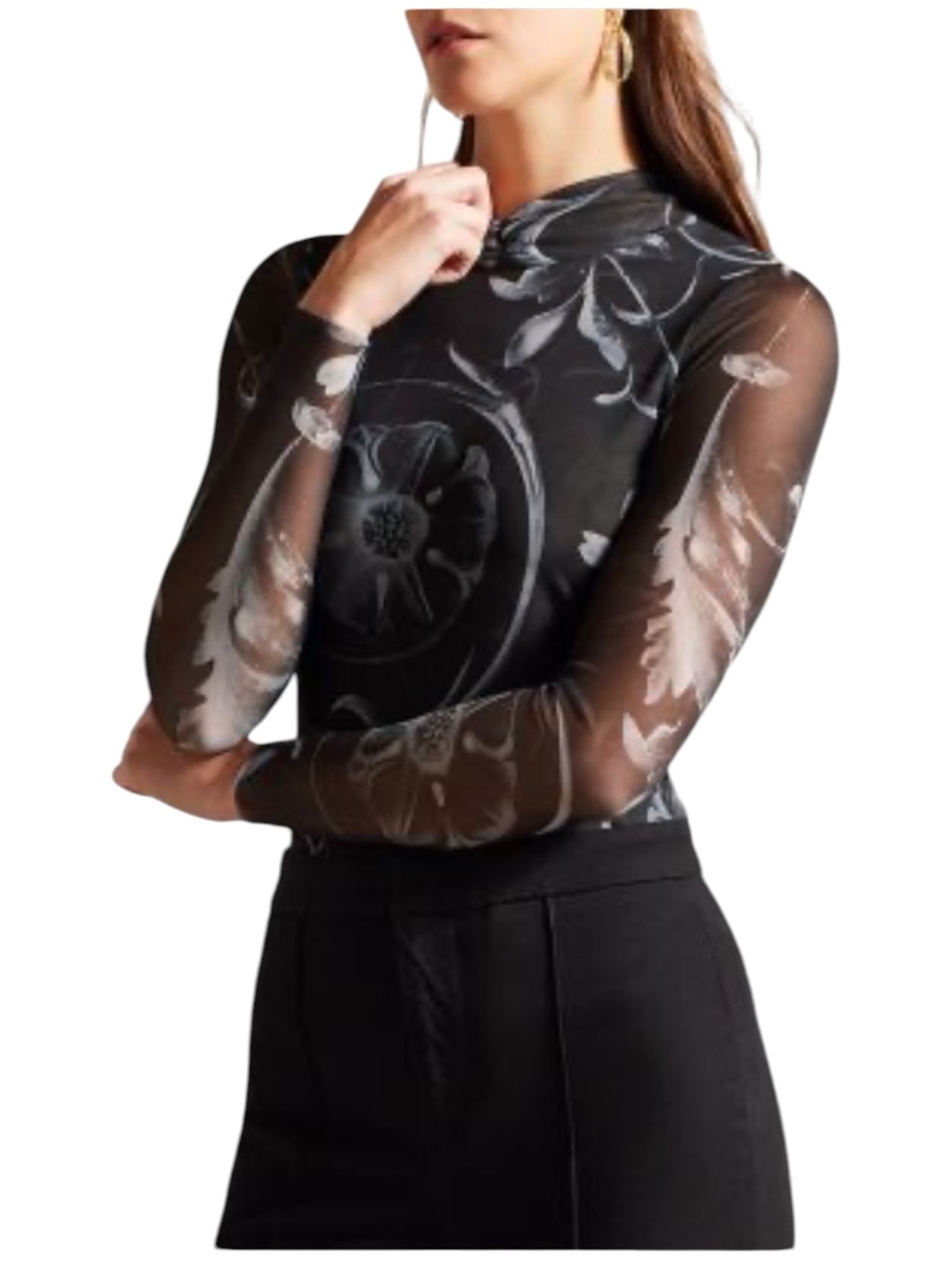 NWT Ted Baker London Kaesa Mesh Floral Print Top in Black Size US 8